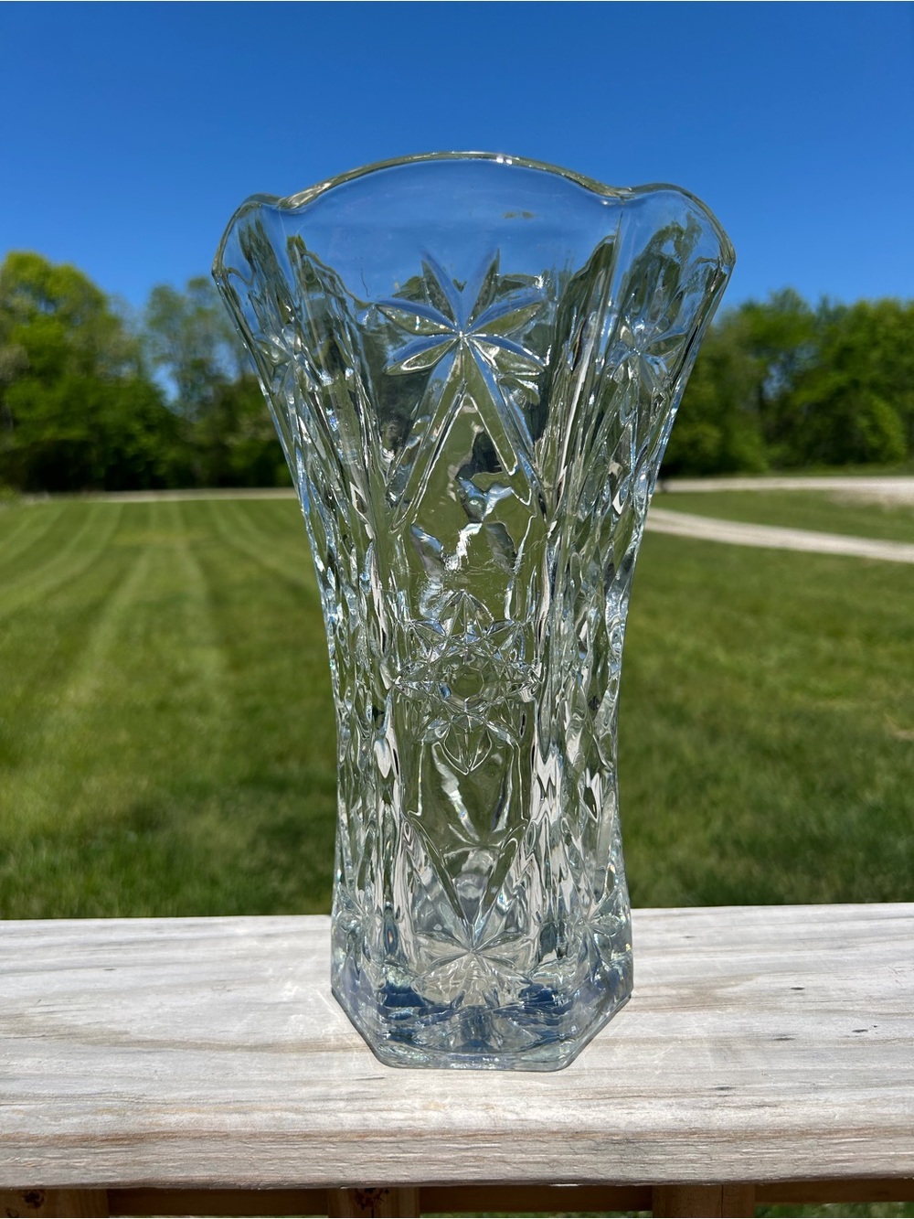 Vintage Anchor Hocking Prescut Clear Glass Vase EAPC Star of David 10.5" tall